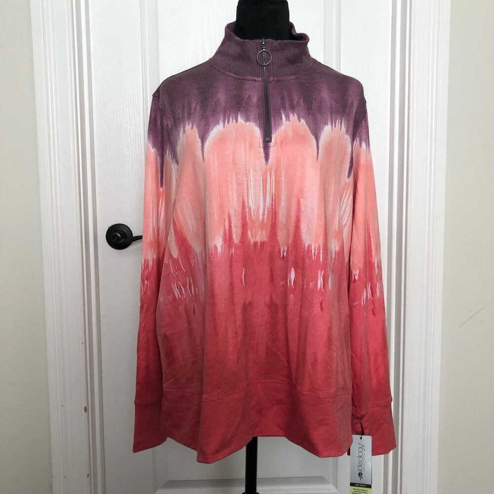 Ideology Womens Size 1X Tie Dye Ombre Quarter Zip Pullover Purple Coral Pink New